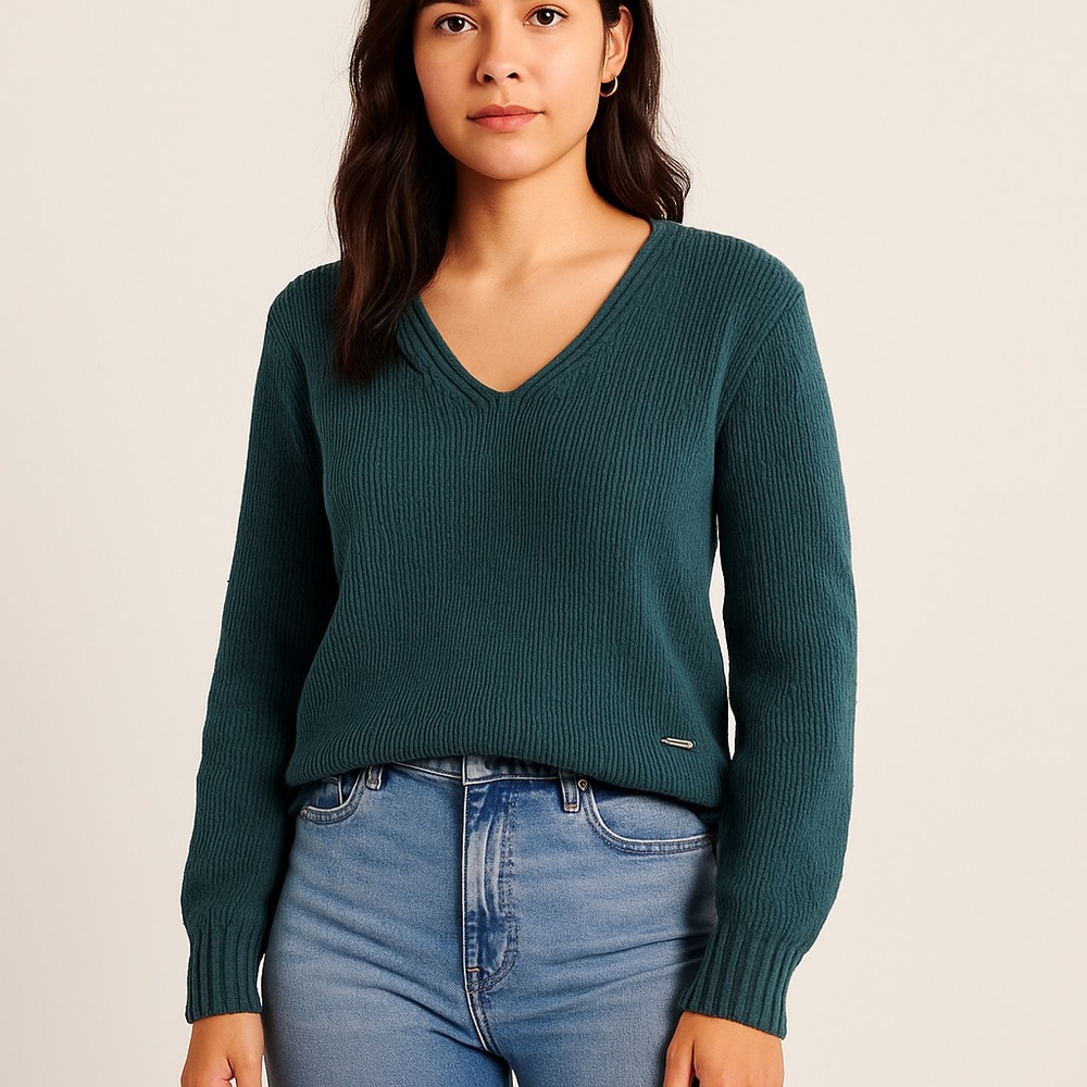 Abercrombie & Fitch Soft A&F Collection Teal V-Neck Knit Sweater, Size M - Picture 2 of 8